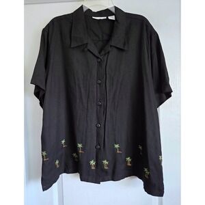 VTG Weekend Clothes Line Black Palm Tree‎ Embroidered Button Camp Shirt Sz 1X